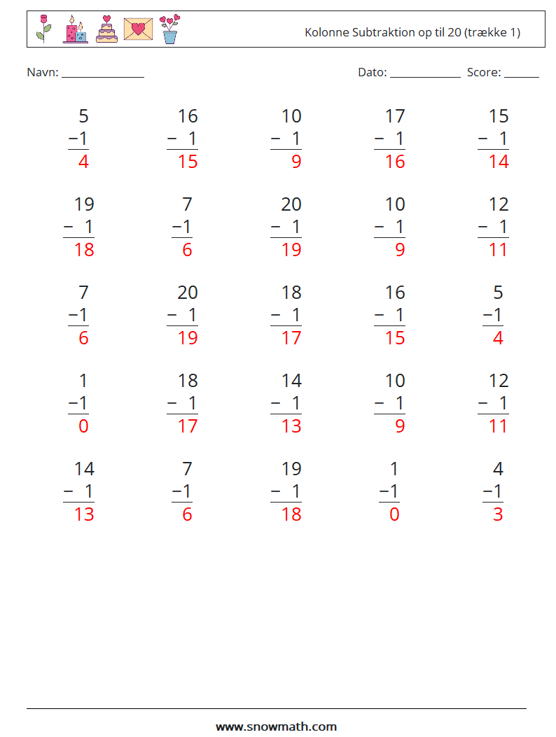 (25) Kolonne Subtraktion op til 20 (trække 1) Matematiske regneark 11 Spørgsmål, svar