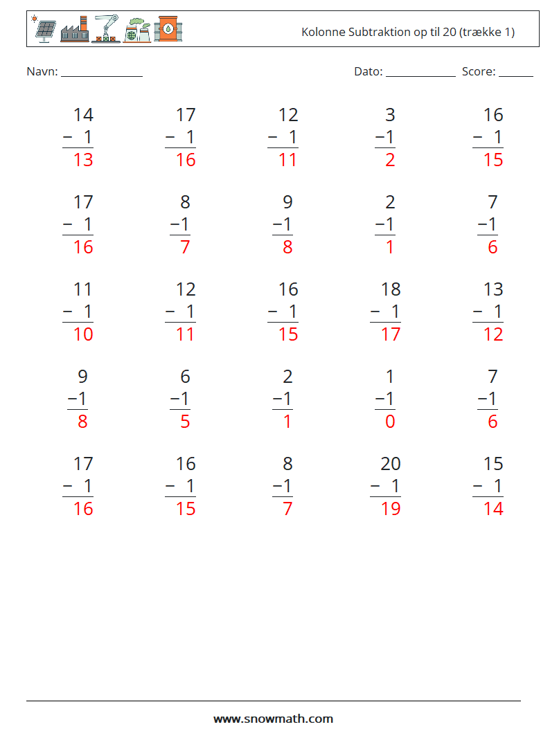 (25) Kolonne Subtraktion op til 20 (trække 1) Matematiske regneark 14 Spørgsmål, svar