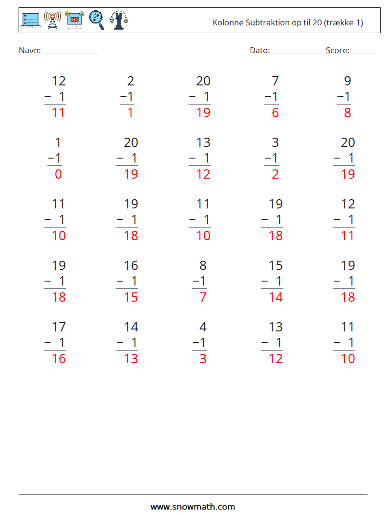 (25) Kolonne Subtraktion op til 20 (trække 1) Matematiske regneark 15 Spørgsmål, svar