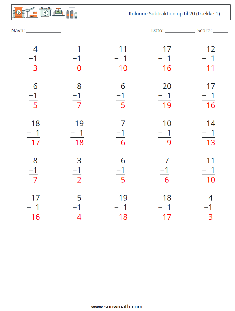 (25) Kolonne Subtraktion op til 20 (trække 1) Matematiske regneark 16 Spørgsmål, svar