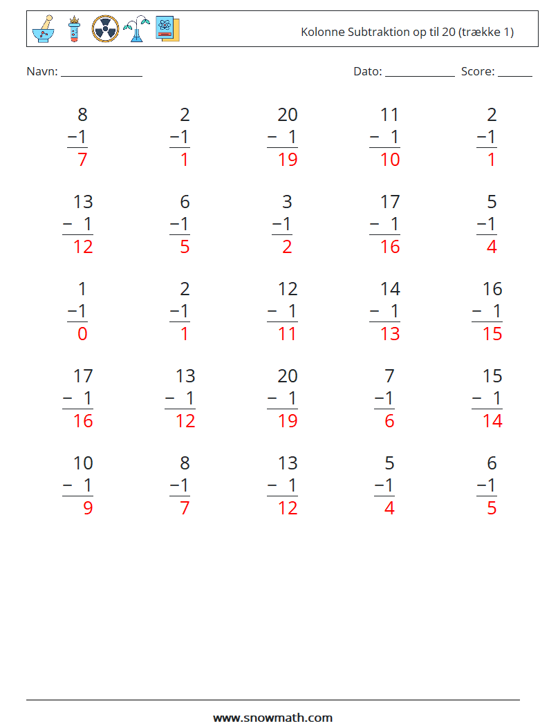 (25) Kolonne Subtraktion op til 20 (trække 1) Matematiske regneark 17 Spørgsmål, svar