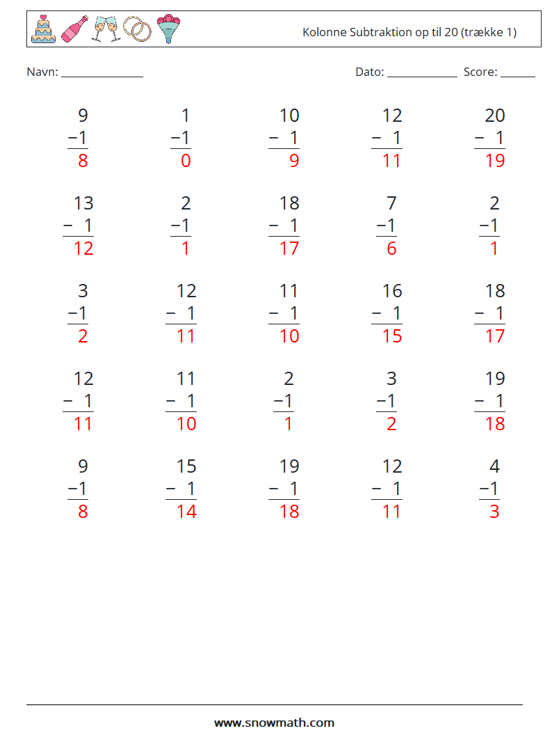 (25) Kolonne Subtraktion op til 20 (trække 1) Matematiske regneark 18 Spørgsmål, svar