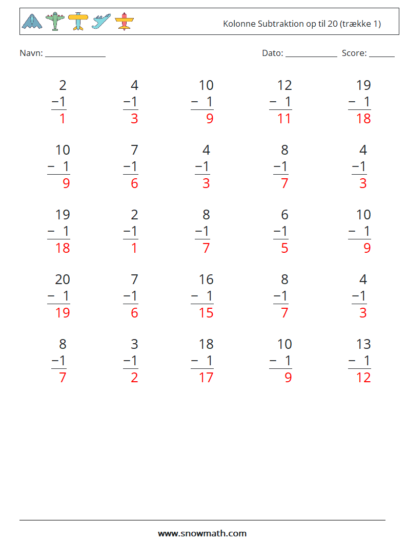 (25) Kolonne Subtraktion op til 20 (trække 1) Matematiske regneark 1 Spørgsmål, svar