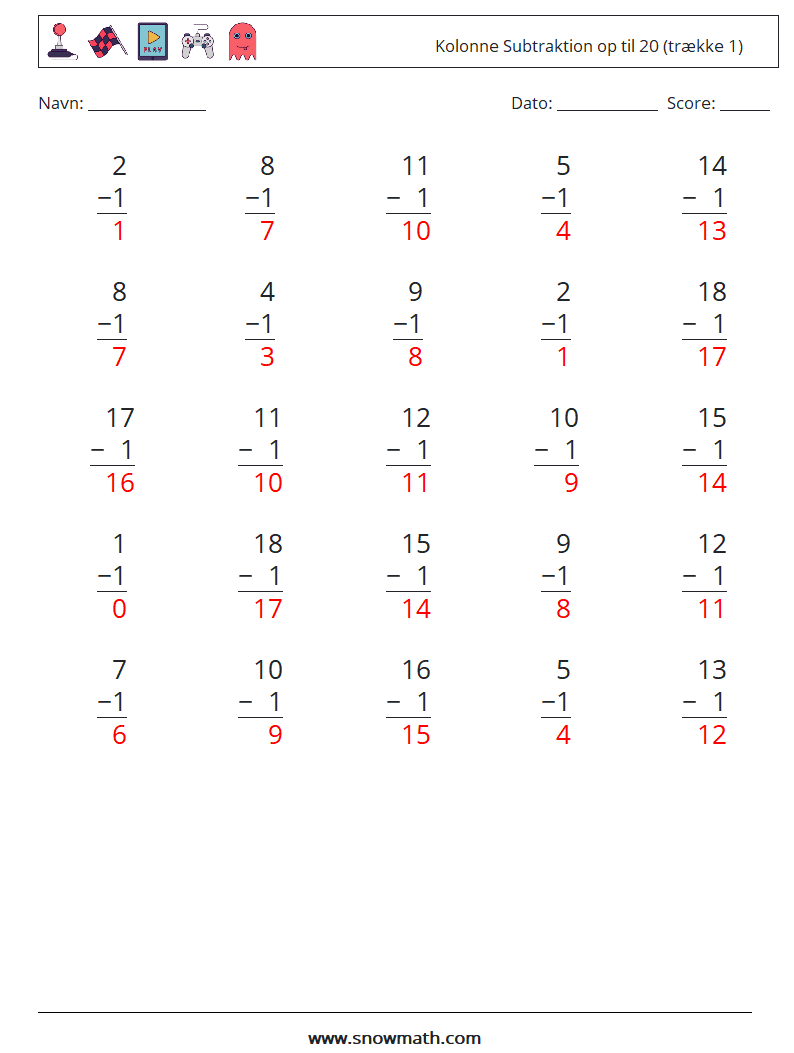 (25) Kolonne Subtraktion op til 20 (trække 1) Matematiske regneark 2 Spørgsmål, svar