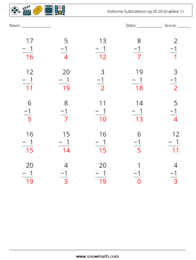 (25) Kolonne Subtraktion op til 20 (trække 1) Matematiske regneark 3 Spørgsmål, svar