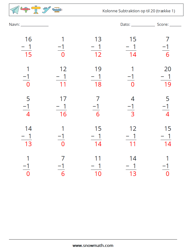 (25) Kolonne Subtraktion op til 20 (trække 1) Matematiske regneark 4 Spørgsmål, svar