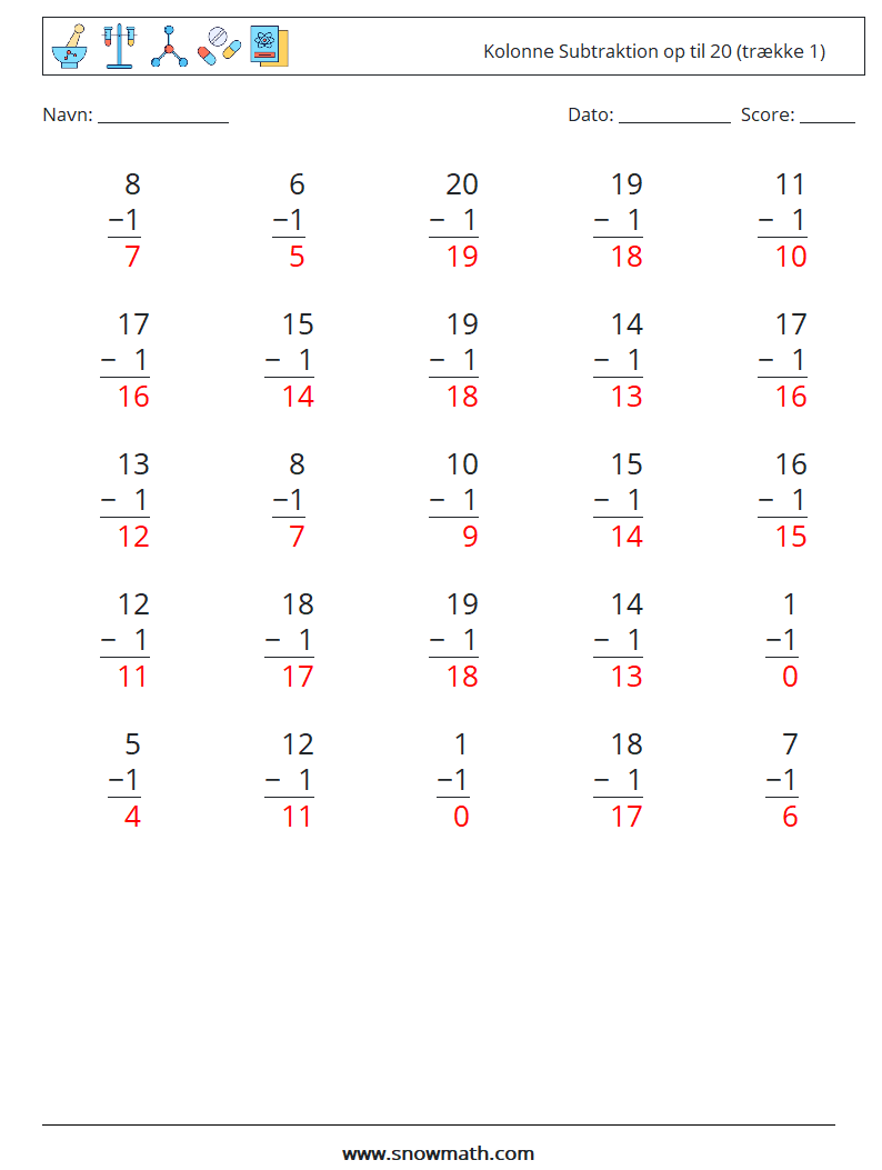 (25) Kolonne Subtraktion op til 20 (trække 1) Matematiske regneark 5 Spørgsmål, svar