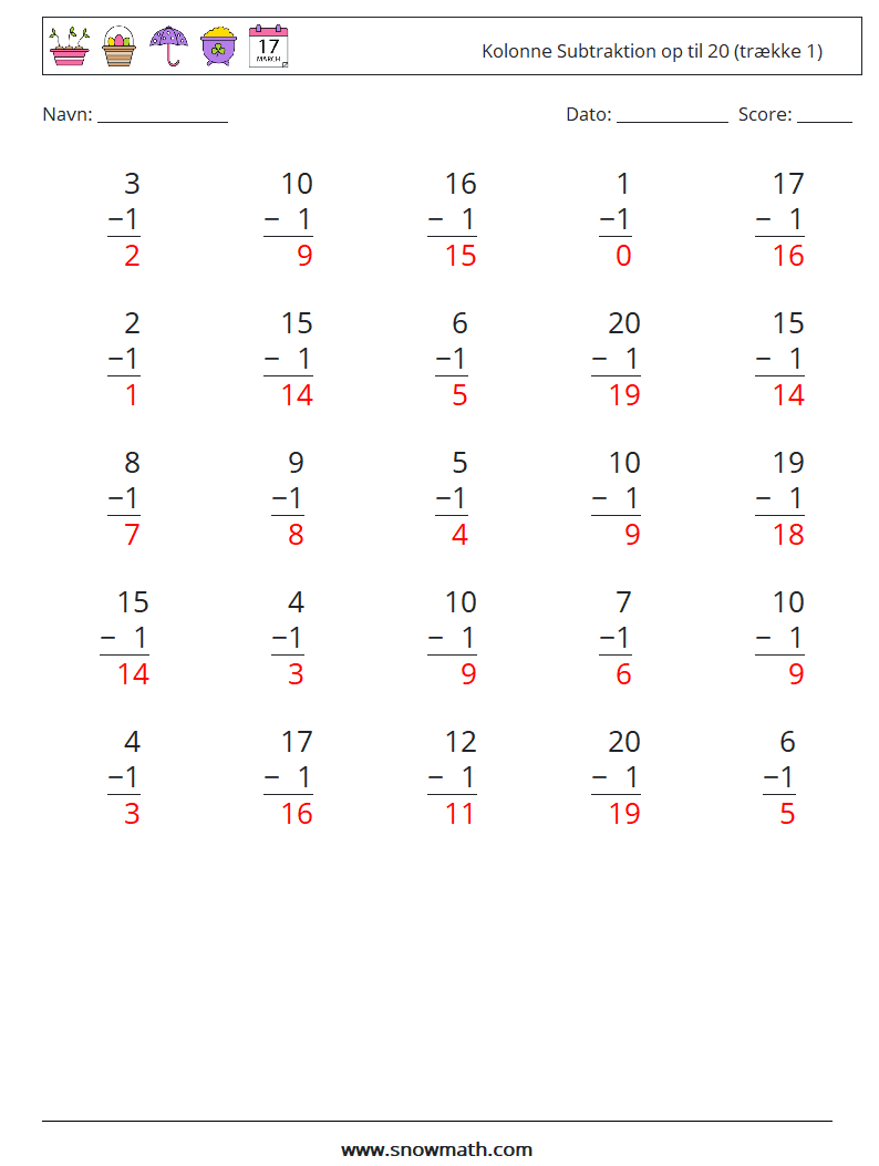 (25) Kolonne Subtraktion op til 20 (trække 1) Matematiske regneark 6 Spørgsmål, svar