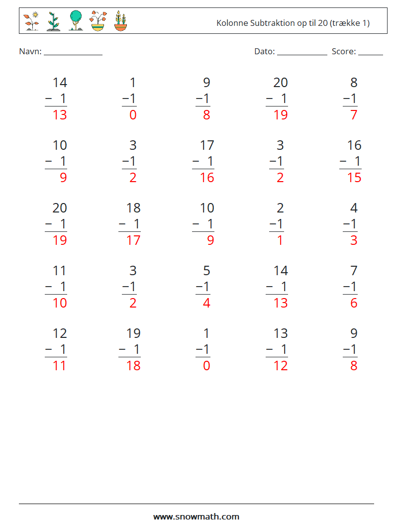 (25) Kolonne Subtraktion op til 20 (trække 1) Matematiske regneark 7 Spørgsmål, svar