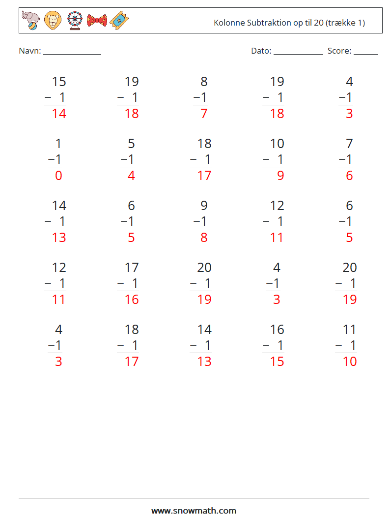 (25) Kolonne Subtraktion op til 20 (trække 1) Matematiske regneark 8 Spørgsmål, svar