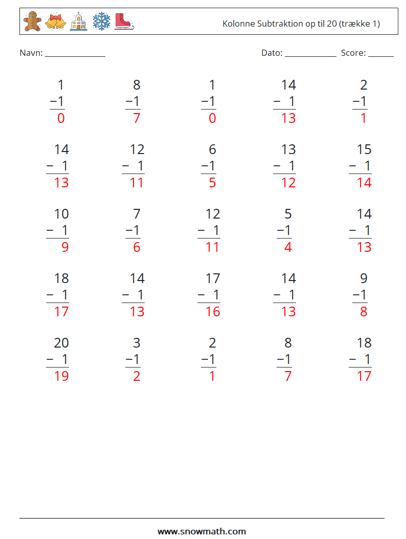 (25) Kolonne Subtraktion op til 20 (trække 1) Matematiske regneark 9 Spørgsmål, svar