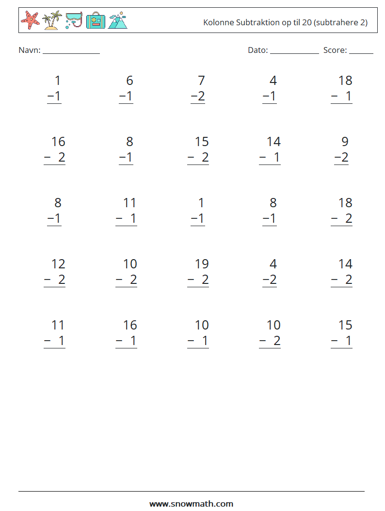 (25) Kolonne Subtraktion op til 20 (subtrahere 2)