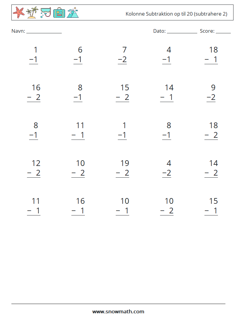 (25) Kolonne Subtraktion op til 20 (subtrahere 2) Matematiske regneark 1