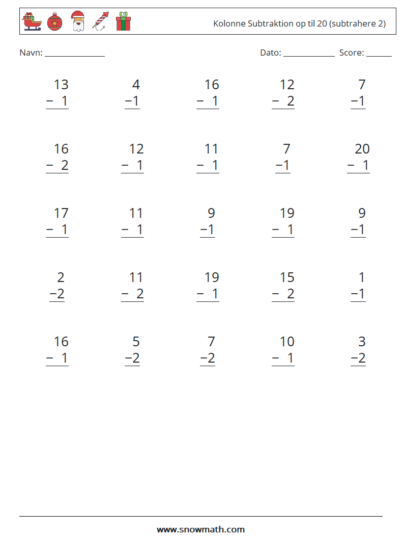 (25) Kolonne Subtraktion op til 20 (subtrahere 2) Matematiske regneark 10