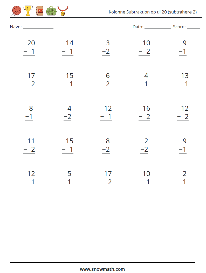 (25) Kolonne Subtraktion op til 20 (subtrahere 2) Matematiske regneark 11