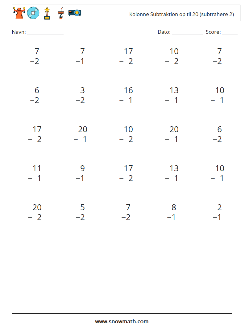 (25) Kolonne Subtraktion op til 20 (subtrahere 2) Matematiske regneark 12