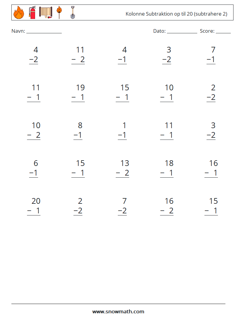 (25) Kolonne Subtraktion op til 20 (subtrahere 2) Matematiske regneark 13
