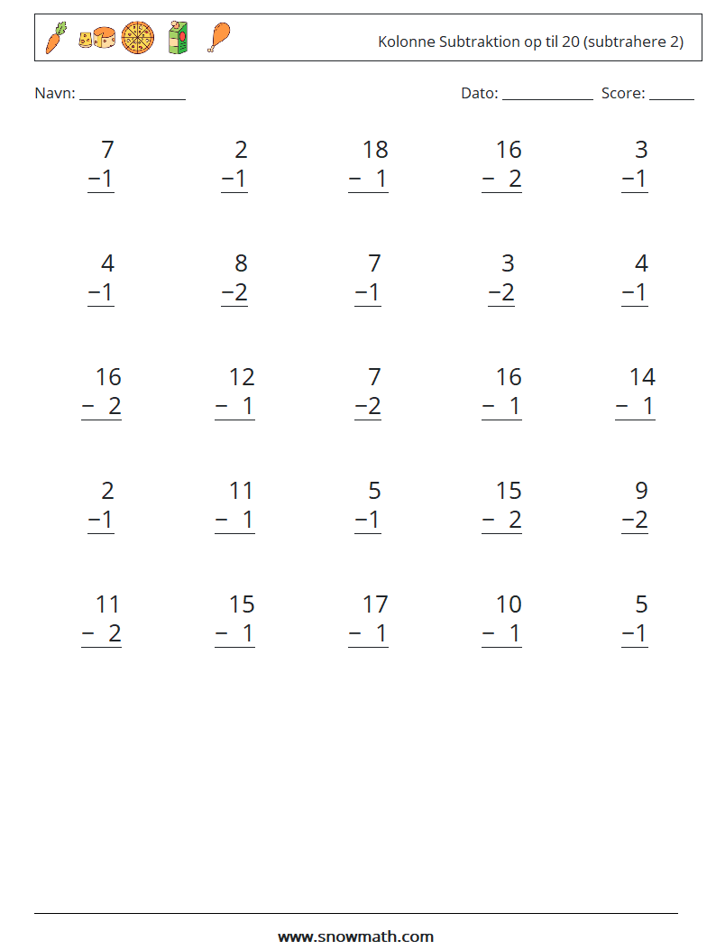(25) Kolonne Subtraktion op til 20 (subtrahere 2) Matematiske regneark 14