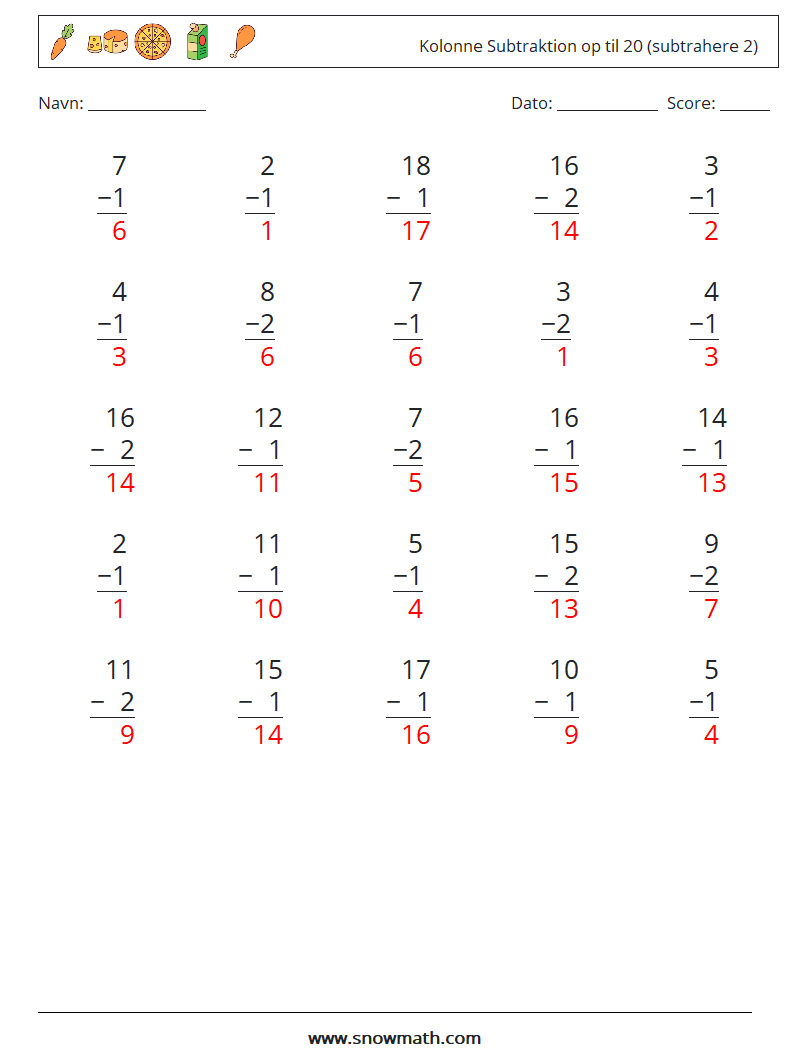 (25) Kolonne Subtraktion op til 20 (subtrahere 2) Matematiske regneark 14 Spørgsmål, svar