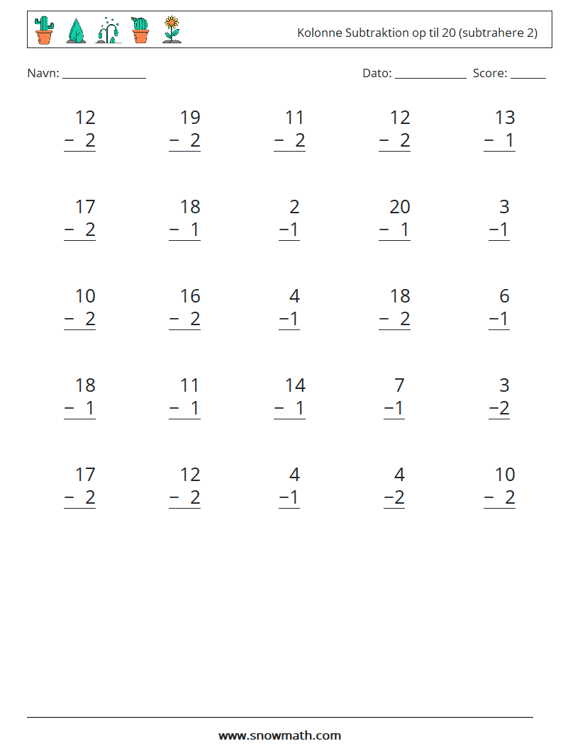 (25) Kolonne Subtraktion op til 20 (subtrahere 2) Matematiske regneark 15