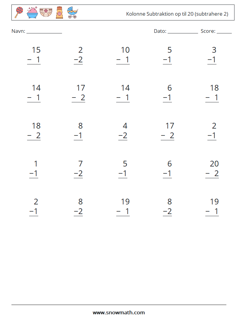 (25) Kolonne Subtraktion op til 20 (subtrahere 2) Matematiske regneark 16
