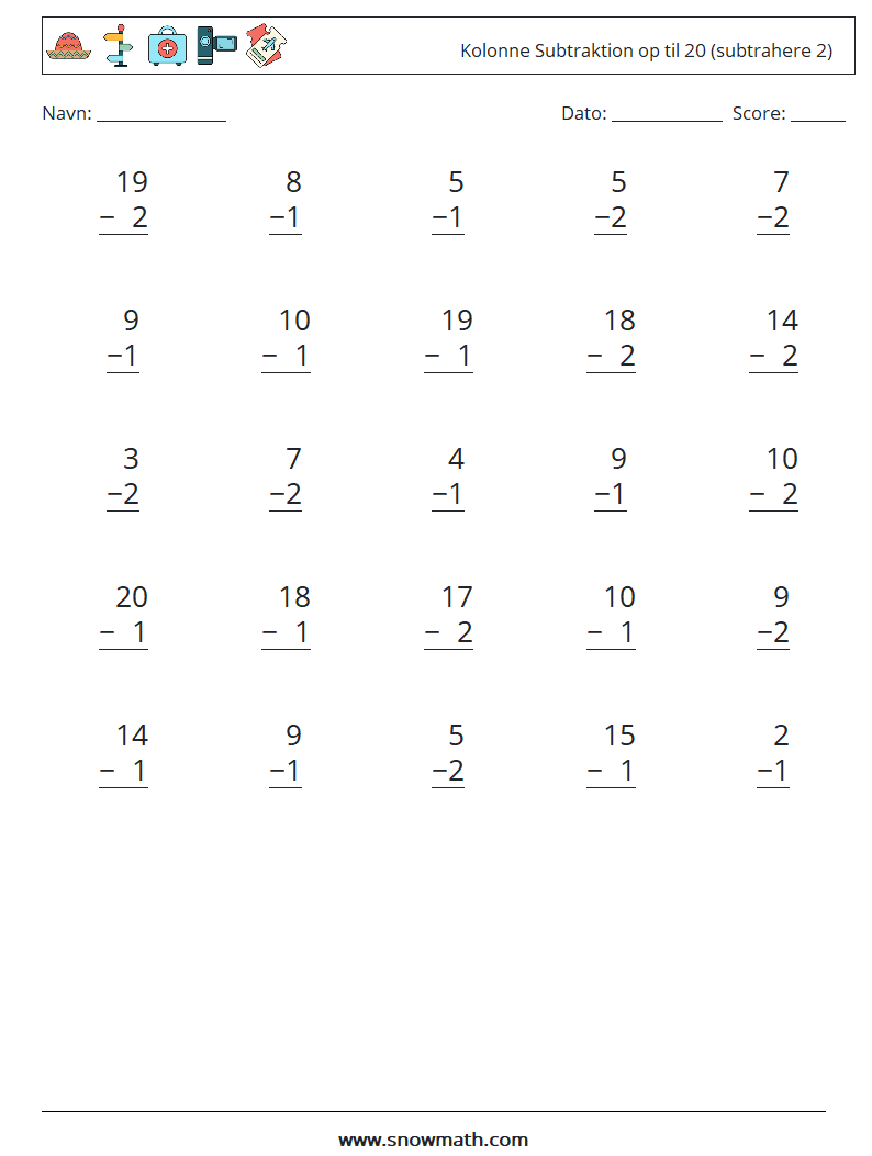 (25) Kolonne Subtraktion op til 20 (subtrahere 2) Matematiske regneark 18
