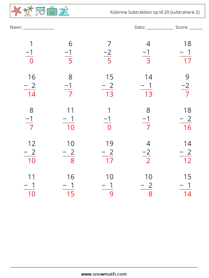 (25) Kolonne Subtraktion op til 20 (subtrahere 2) Matematiske regneark 1 Spørgsmål, svar