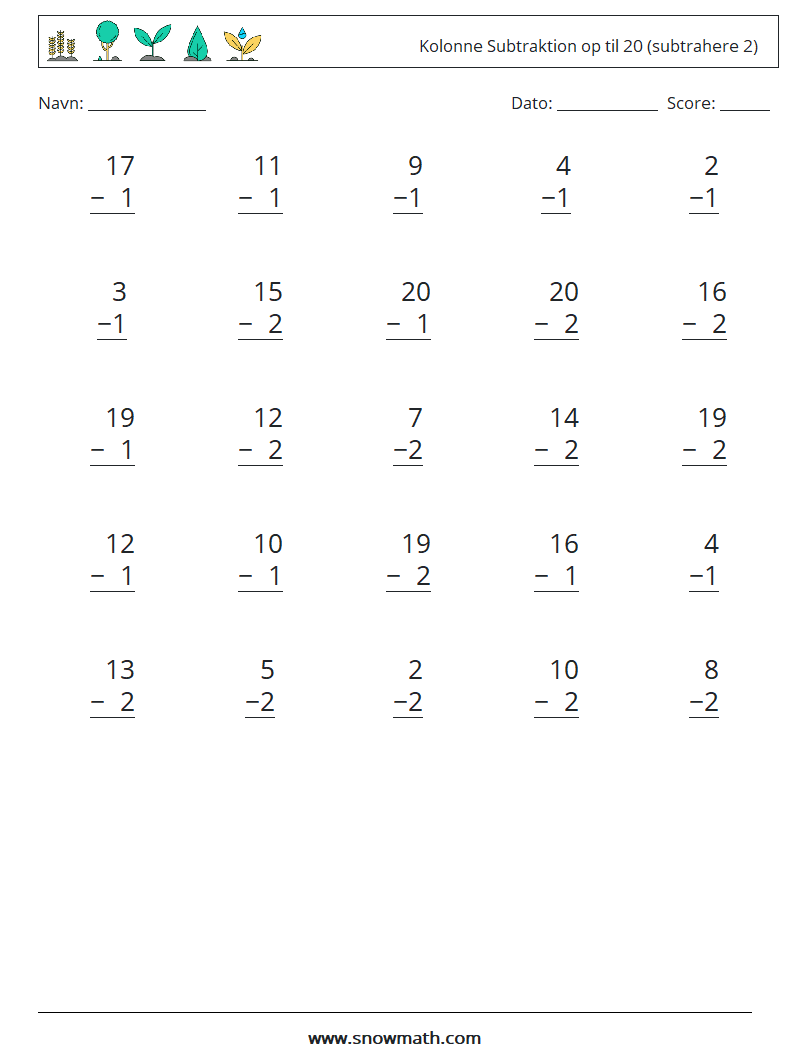 (25) Kolonne Subtraktion op til 20 (subtrahere 2) Matematiske regneark 2