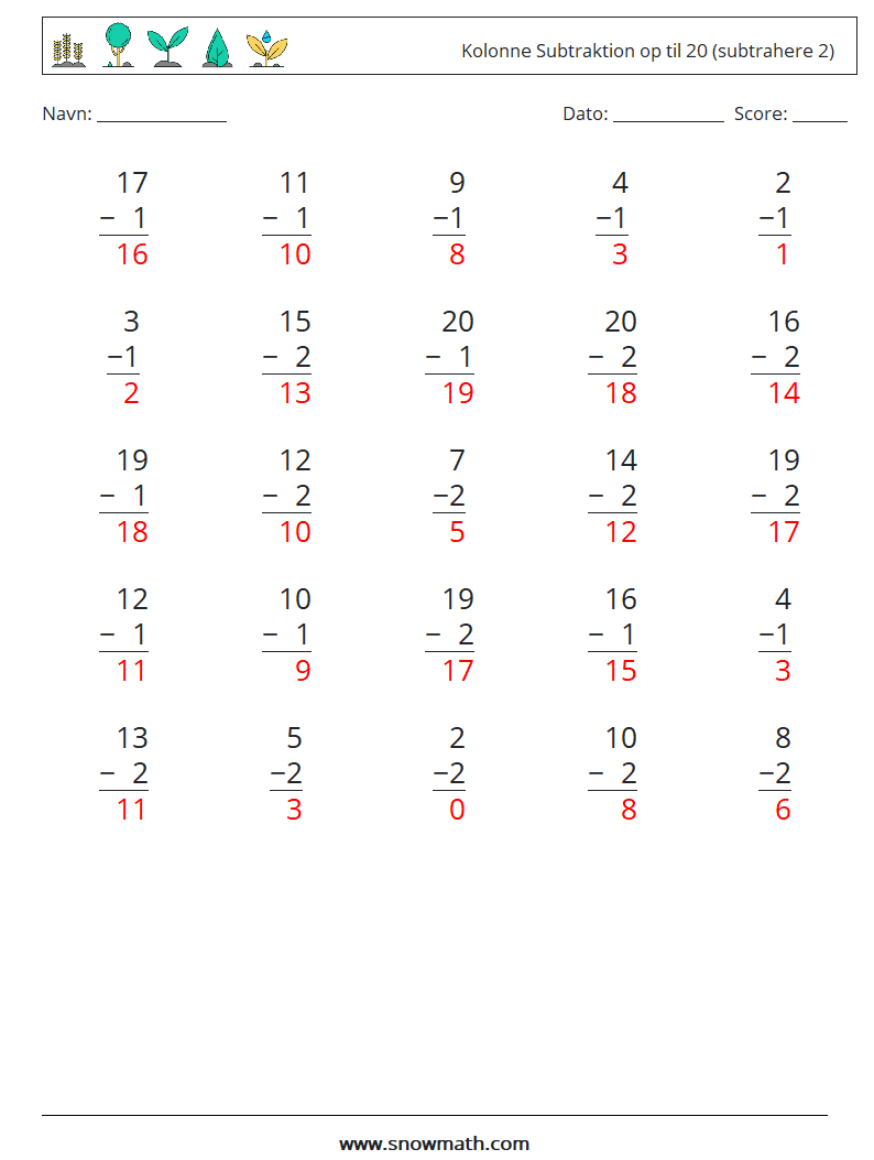 (25) Kolonne Subtraktion op til 20 (subtrahere 2) Matematiske regneark 2 Spørgsmål, svar