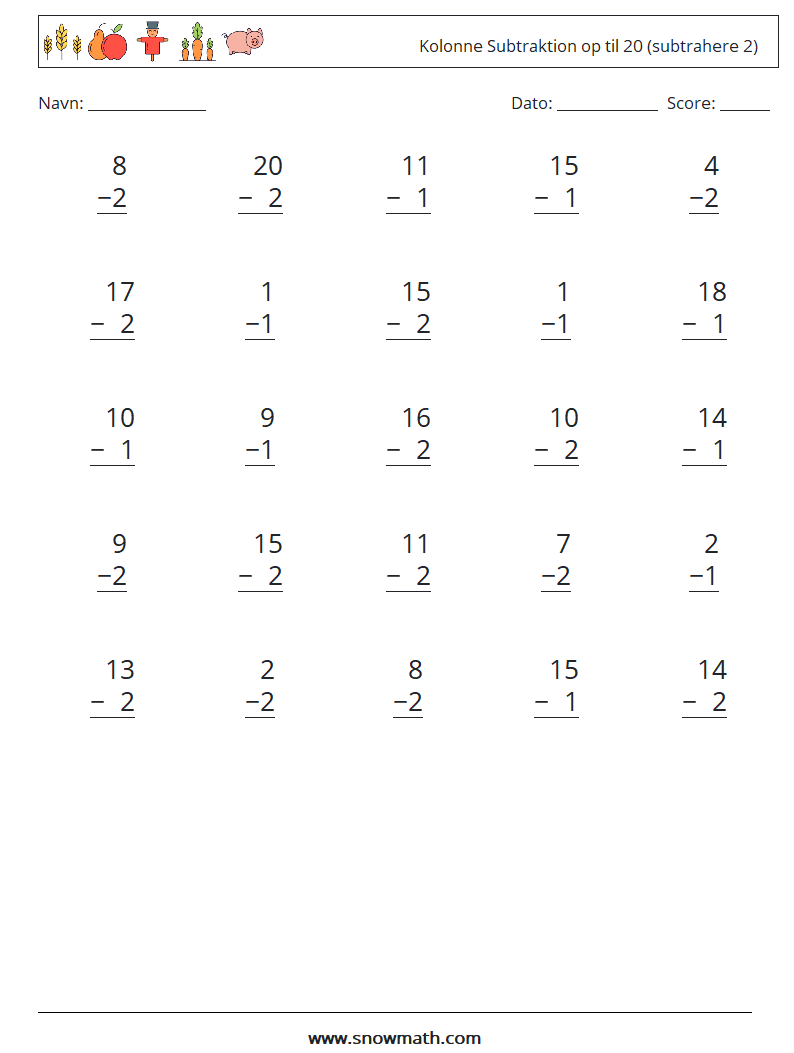 (25) Kolonne Subtraktion op til 20 (subtrahere 2) Matematiske regneark 3