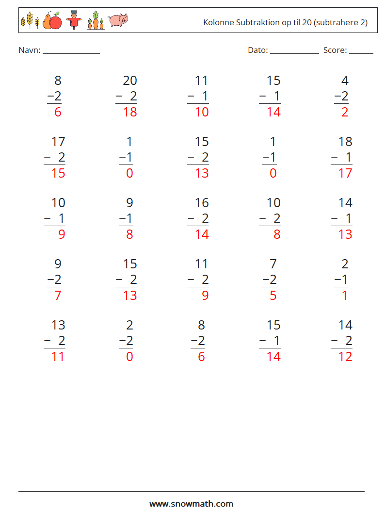 (25) Kolonne Subtraktion op til 20 (subtrahere 2) Matematiske regneark 3 Spørgsmål, svar