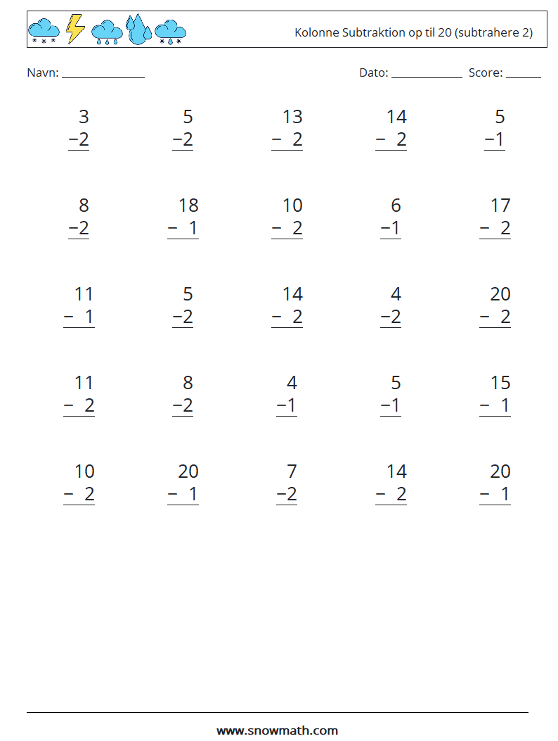(25) Kolonne Subtraktion op til 20 (subtrahere 2) Matematiske regneark 4