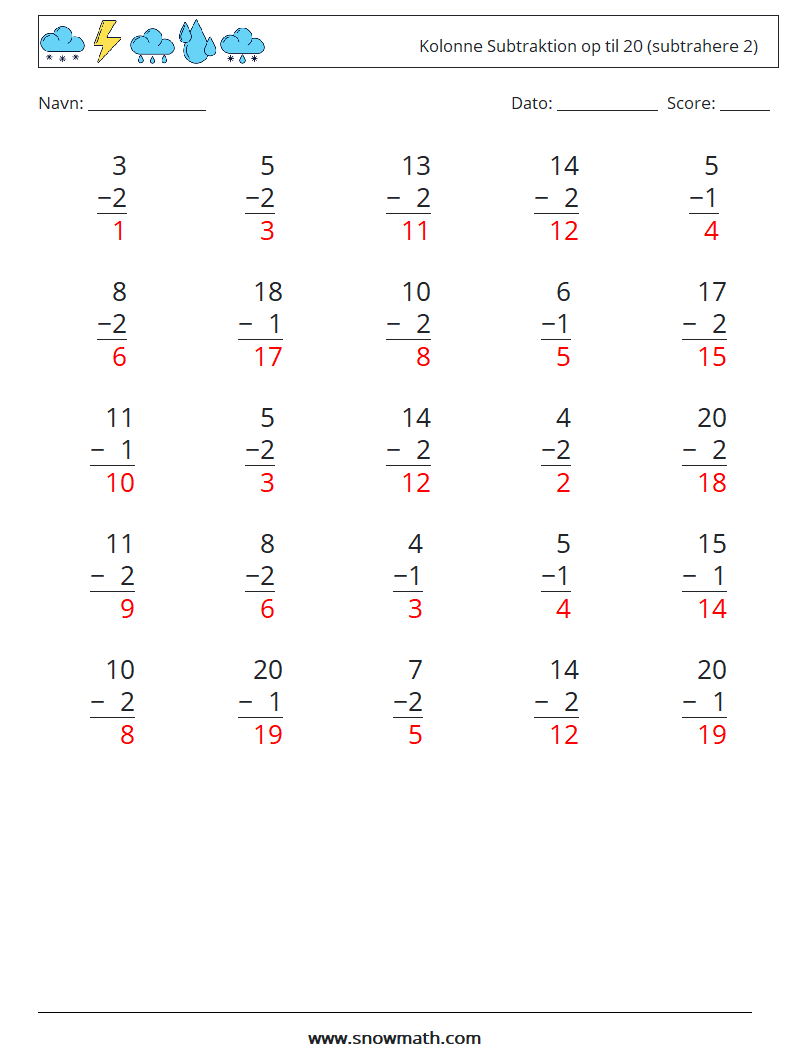 (25) Kolonne Subtraktion op til 20 (subtrahere 2) Matematiske regneark 4 Spørgsmål, svar