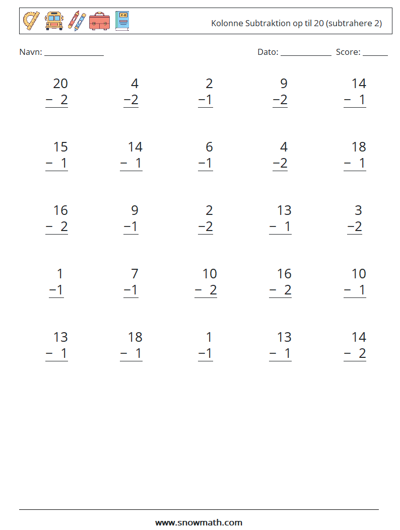 (25) Kolonne Subtraktion op til 20 (subtrahere 2) Matematiske regneark 5