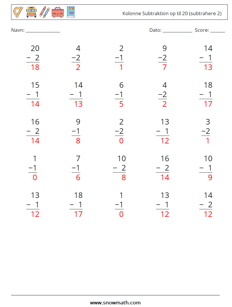 (25) Kolonne Subtraktion op til 20 (subtrahere 2) Matematiske regneark 5 Spørgsmål, svar