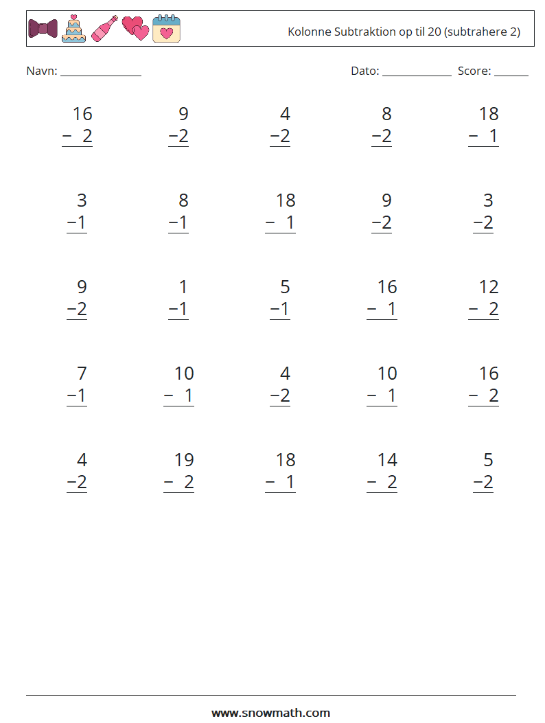 (25) Kolonne Subtraktion op til 20 (subtrahere 2) Matematiske regneark 6