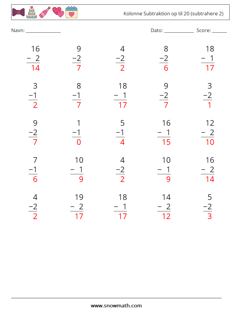 (25) Kolonne Subtraktion op til 20 (subtrahere 2) Matematiske regneark 6 Spørgsmål, svar