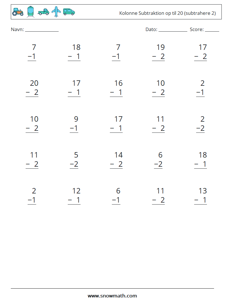 (25) Kolonne Subtraktion op til 20 (subtrahere 2) Matematiske regneark 7