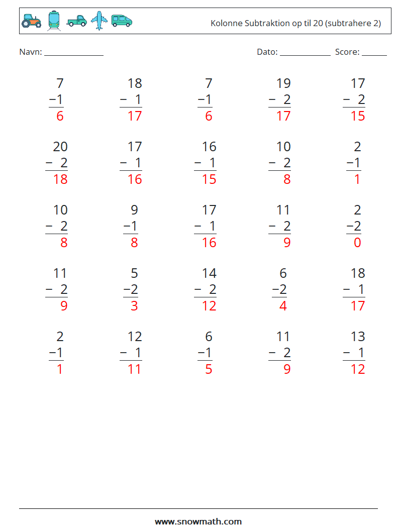 (25) Kolonne Subtraktion op til 20 (subtrahere 2) Matematiske regneark 7 Spørgsmål, svar