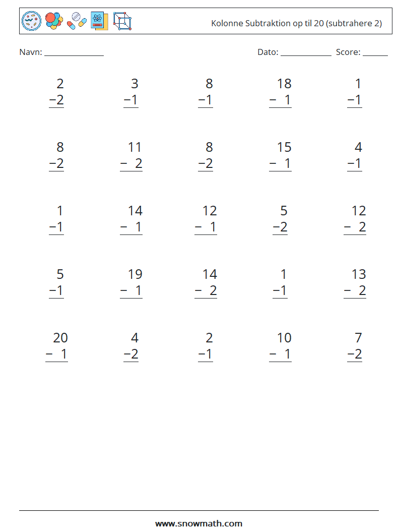 (25) Kolonne Subtraktion op til 20 (subtrahere 2) Matematiske regneark 8