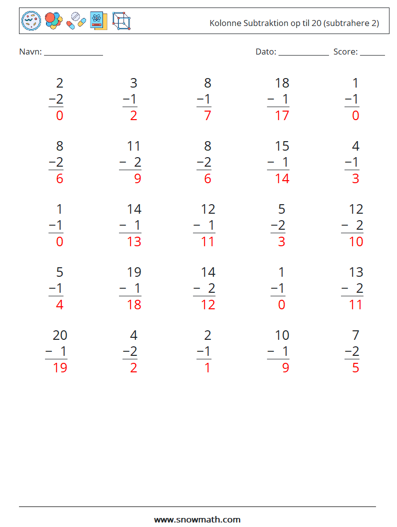 (25) Kolonne Subtraktion op til 20 (subtrahere 2) Matematiske regneark 8 Spørgsmål, svar