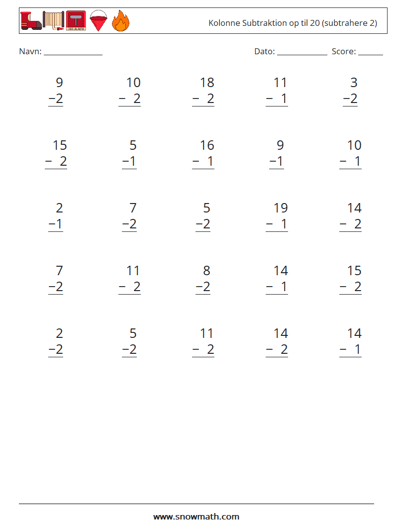 (25) Kolonne Subtraktion op til 20 (subtrahere 2) Matematiske regneark 9