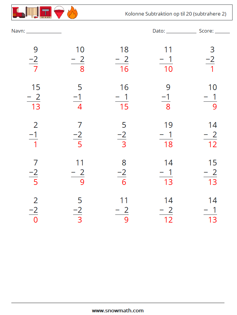 (25) Kolonne Subtraktion op til 20 (subtrahere 2) Matematiske regneark 9 Spørgsmål, svar