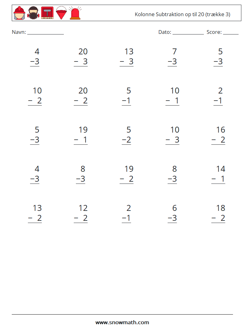 (25) Kolonne Subtraktion op til 20 (trække 3) Matematiske regneark 1