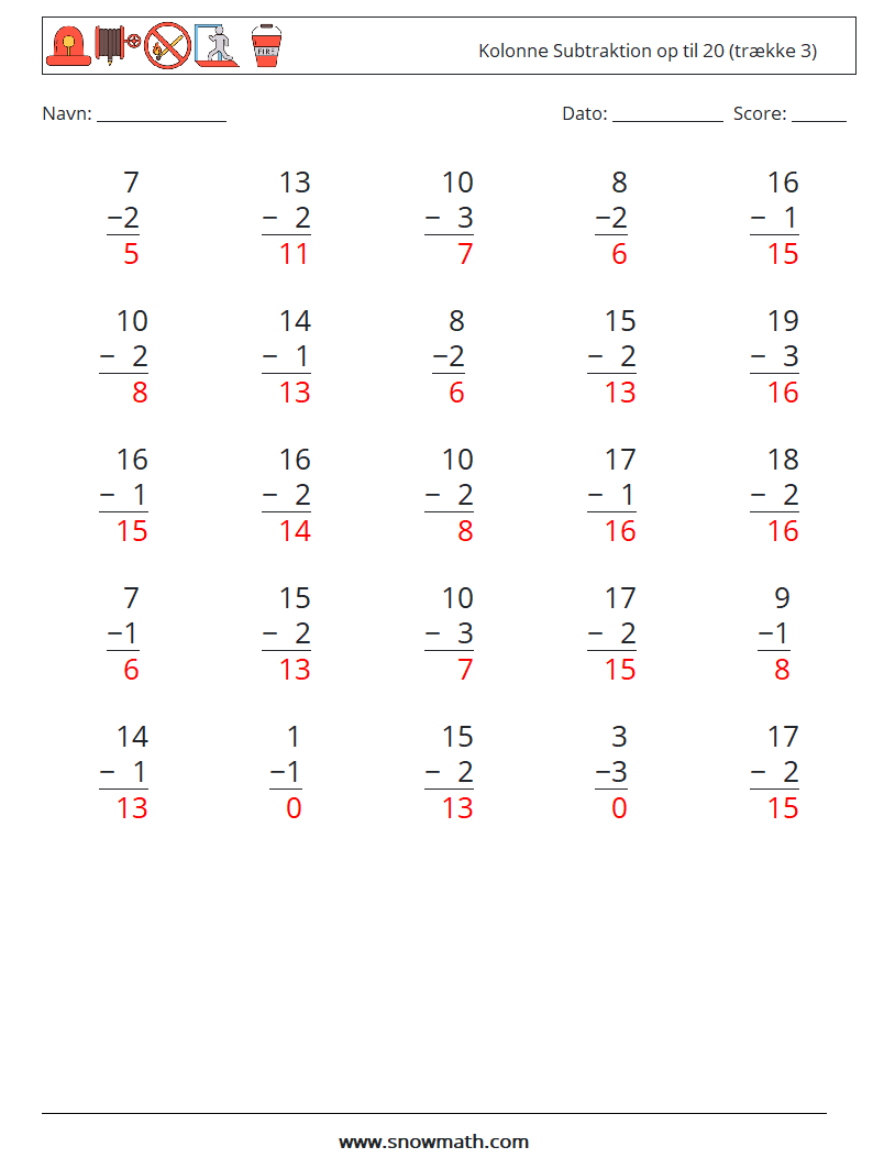 (25) Kolonne Subtraktion op til 20 (trække 3) Matematiske regneark 12 Spørgsmål, svar