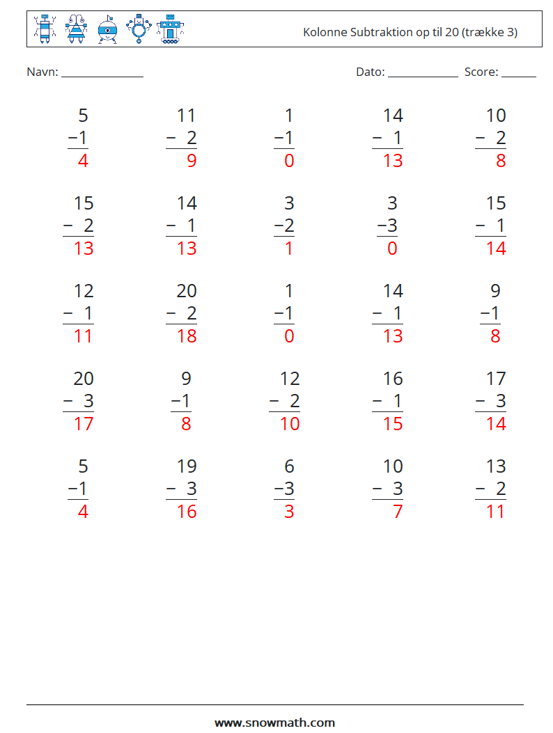 (25) Kolonne Subtraktion op til 20 (trække 3) Matematiske regneark 14 Spørgsmål, svar