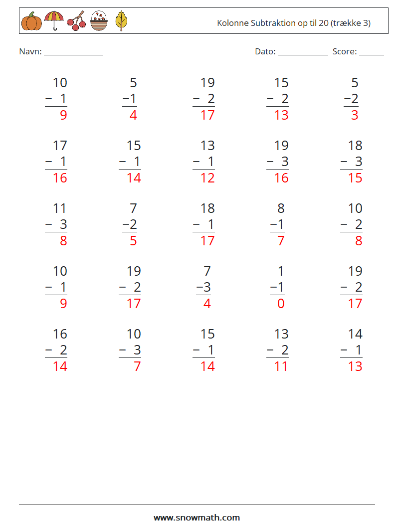 (25) Kolonne Subtraktion op til 20 (trække 3) Matematiske regneark 15 Spørgsmål, svar