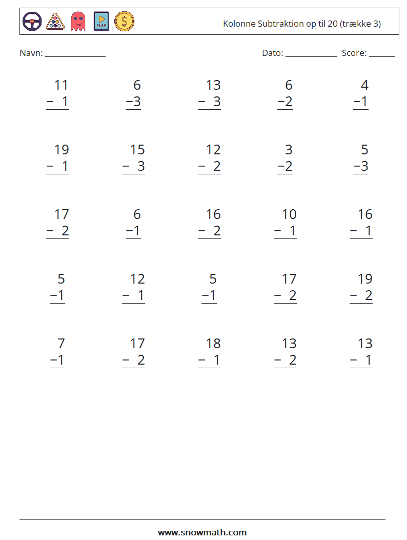 (25) Kolonne Subtraktion op til 20 (trække 3) Matematiske regneark 17