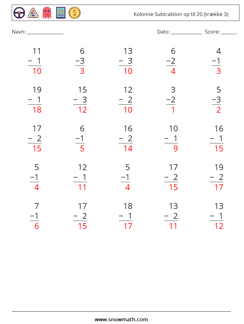 (25) Kolonne Subtraktion op til 20 (trække 3) Matematiske regneark 17 Spørgsmål, svar