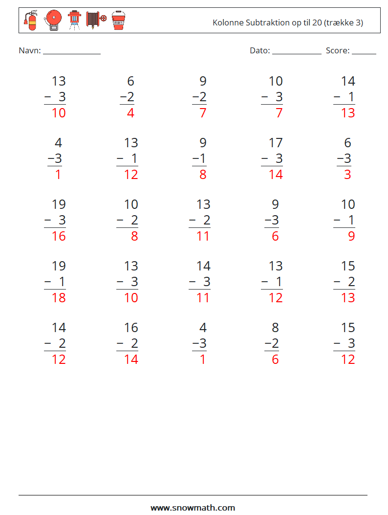 (25) Kolonne Subtraktion op til 20 (trække 3) Matematiske regneark 18 Spørgsmål, svar